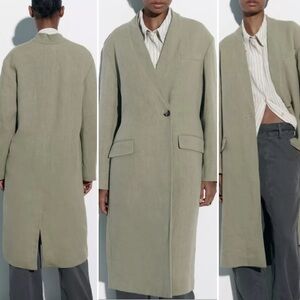 SOLD ZARA Women Linen Long Coat Large Green Lagen Look Minimalist Coastal